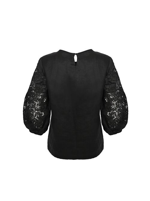 T-shirt MSTORDINE in garza ramié e Sangallo Nero MAX MARA STUDIO | 2616161012600003